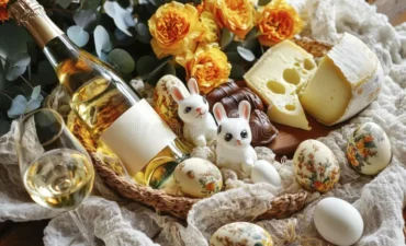 luxurious-easter-celebration-image-basket-wine-bottle-cheese-eggs-view-arrangement-featuring-decorative-ceramic-440122884